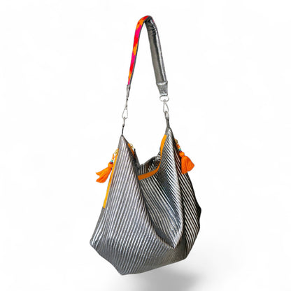 Faux Silk quilted HOBO Bag, Gunmetal Silver, hand embroidered handle, Gift for her