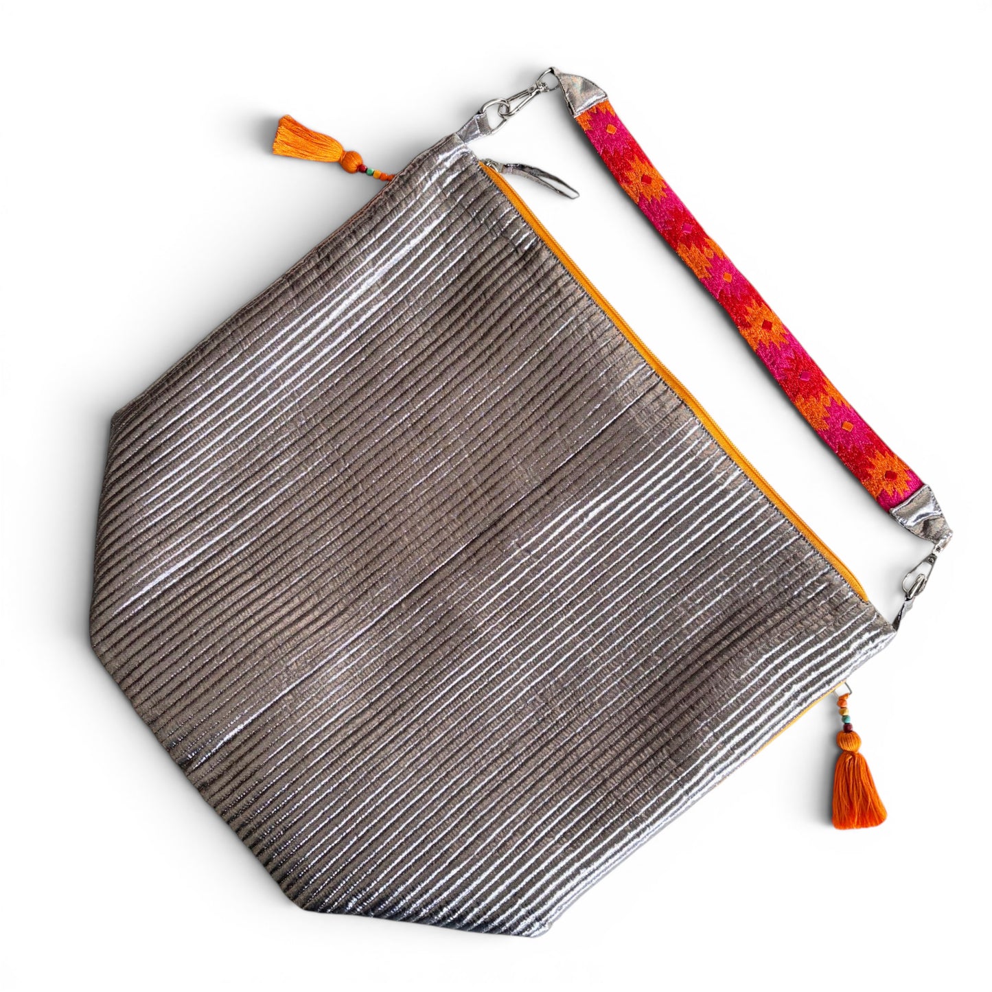 Faux Silk quilted HOBO Bag, Gunmetal Silver, hand embroidered handle, Gift for her