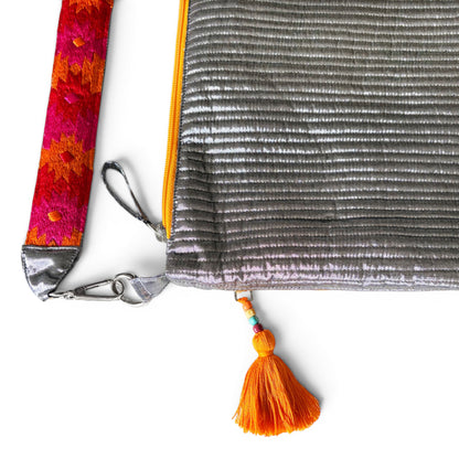 Faux Silk quilted HOBO Bag, Gunmetal Silver, hand embroidered handle, Gift for her