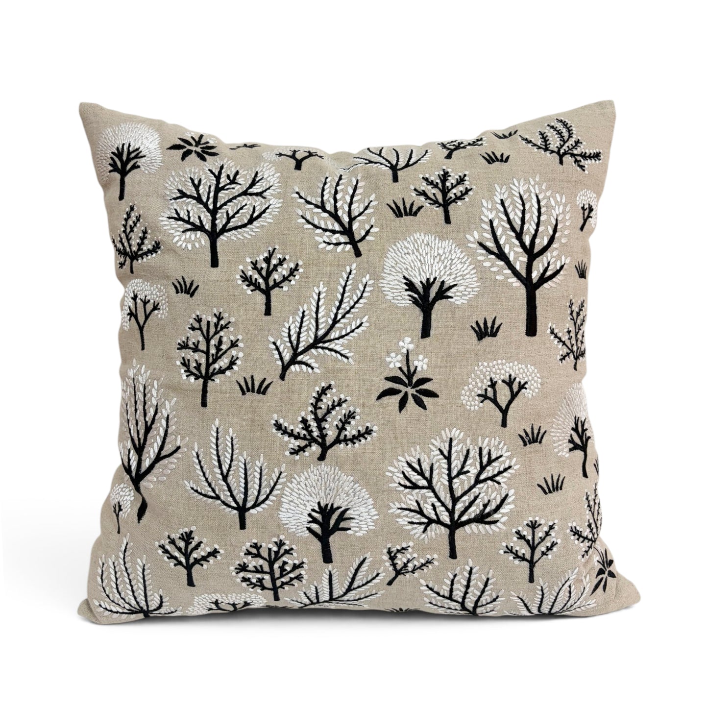 FROSTED FOREST - Pure Linen Pillow Cover with White & Black Embroidery - 18x18 inches