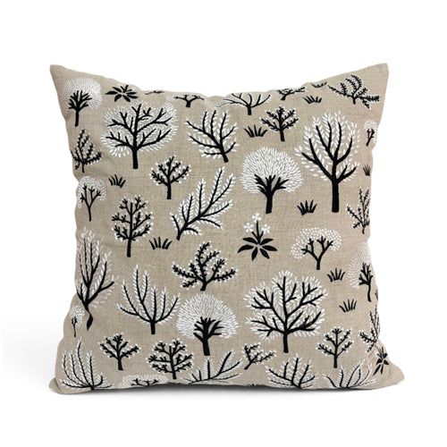 FROSTED FOREST - Pure Linen Pillow Cover with White & Black Embroidery - 18x18 inches
