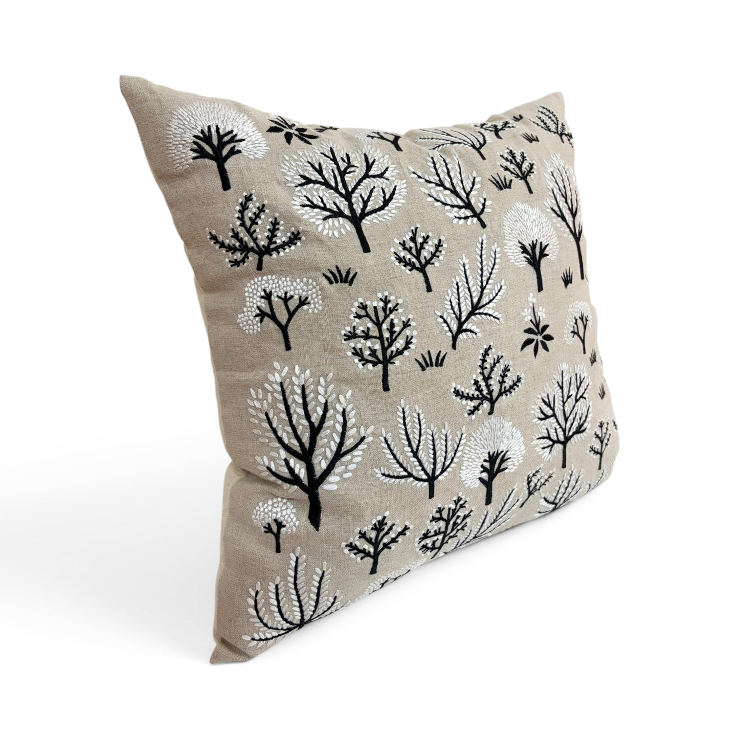 FROSTED FOREST - Pure Linen Pillow Cover with White & Black Embroidery - 18x18 inches