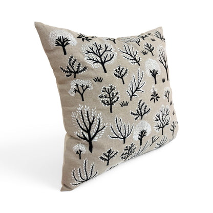 FROSTED FOREST - Pure Linen Pillow Cover with White & Black Embroidery - 18x18 inches