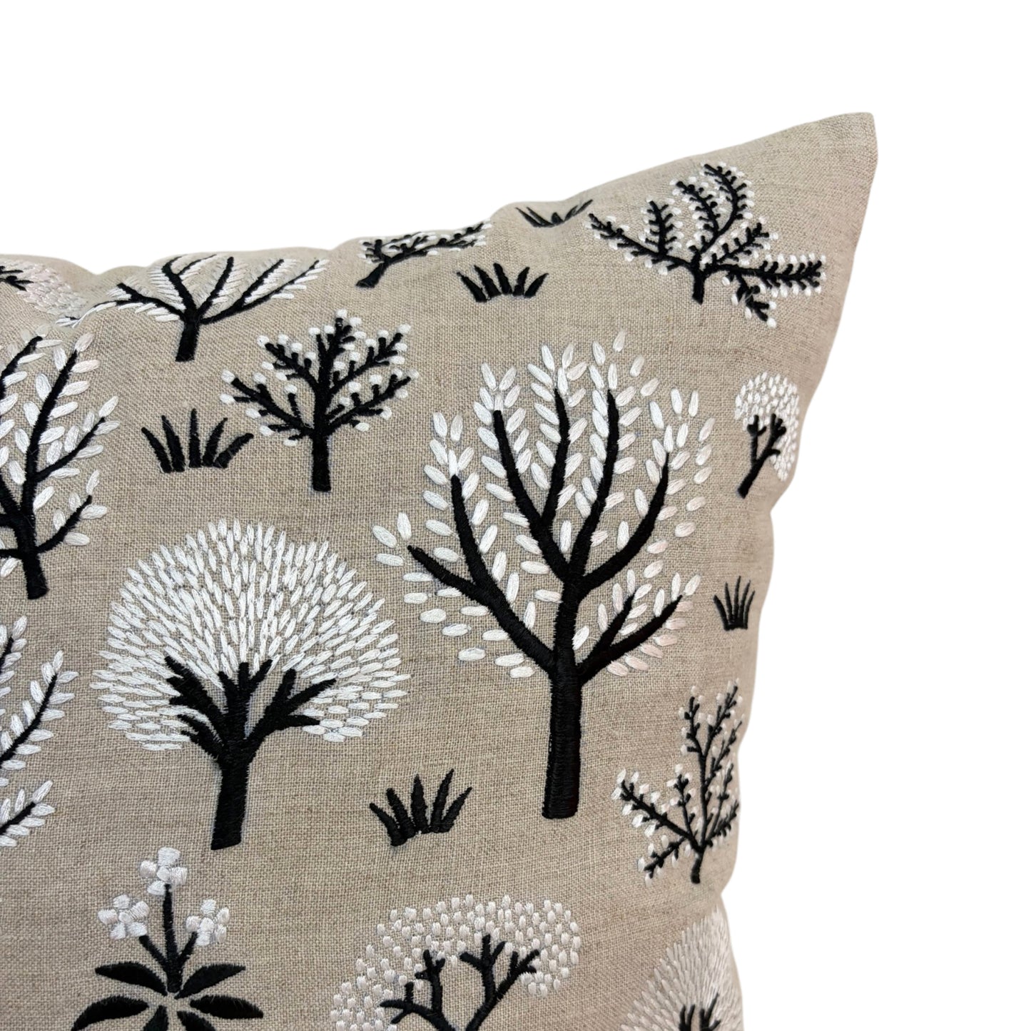 FROSTED FOREST - Pure Linen Pillow Cover with White & Black Embroidery - 18x18 inches