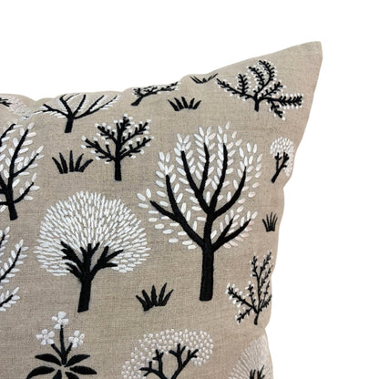 FROSTED FOREST - Pure Linen Pillow Cover with White & Black Embroidery - 18x18 inches