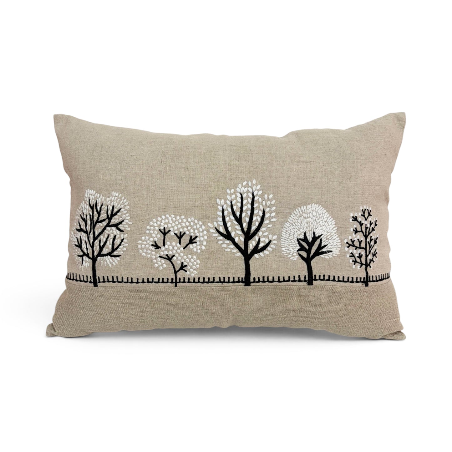 FROSTED FOREST - Pure Linen Pillow Cover with White & Black Embroidery - 14x21 inches