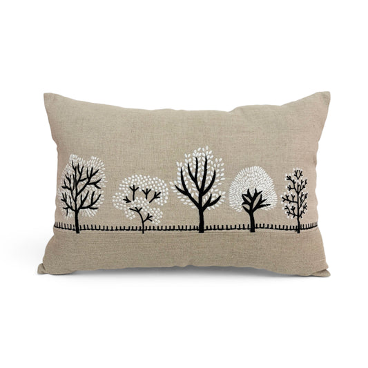 FROSTED FOREST - Pure Linen Pillow Cover with White & Black Embroidery - 14x21 inches