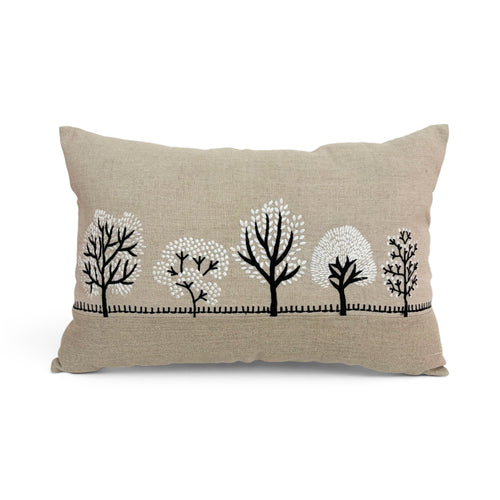 FROSTED FOREST - Pure Linen Pillow Cover with White & Black Embroidery - 14x21 inches