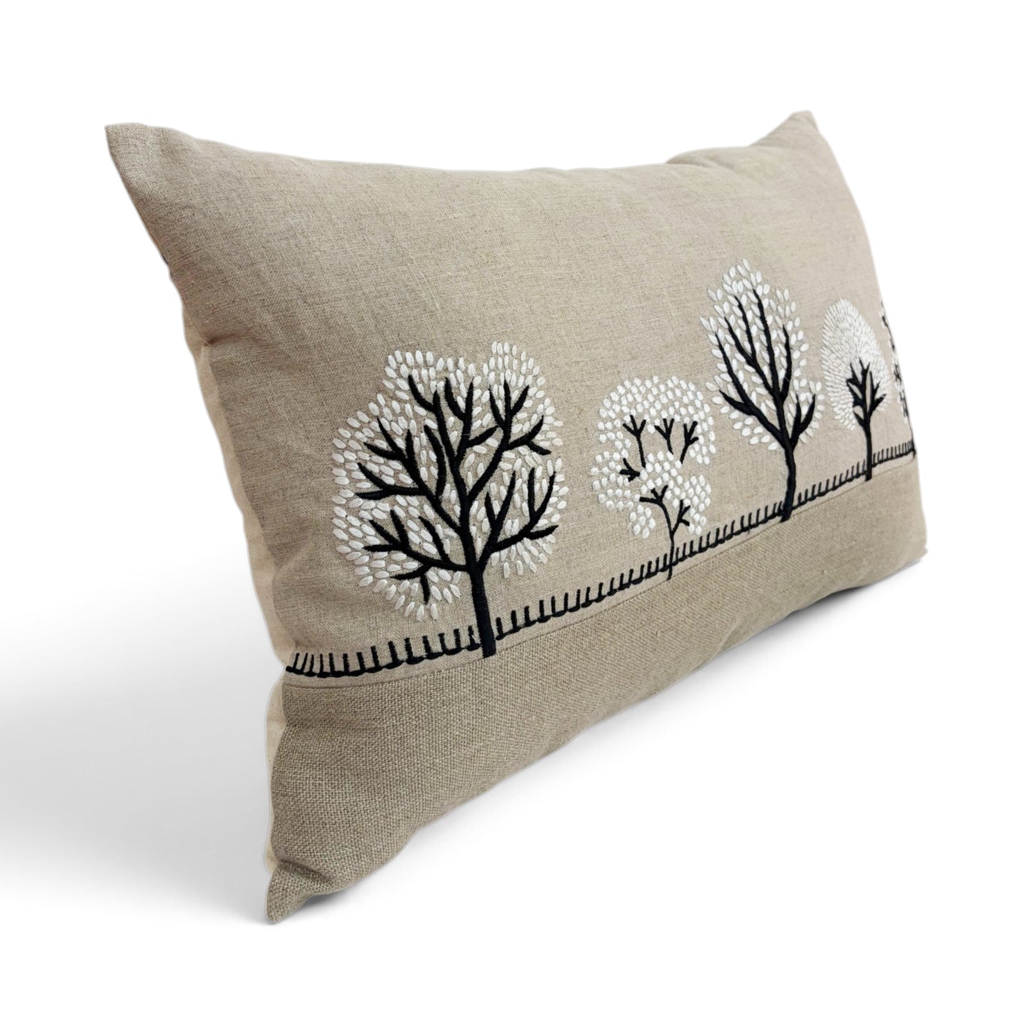 FROSTED FOREST - Pure Linen Pillow Cover with White & Black Embroidery - 14x21 inches