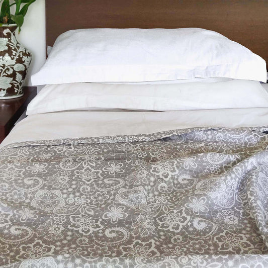 LACE print - Grey colour soft Cotton blanket, three layer dohar, sizes available