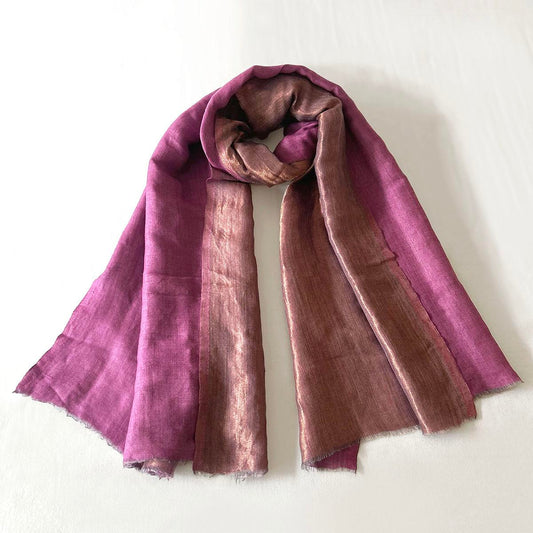 Dark Pink and gold fine wool and zari scarf, reversible stole