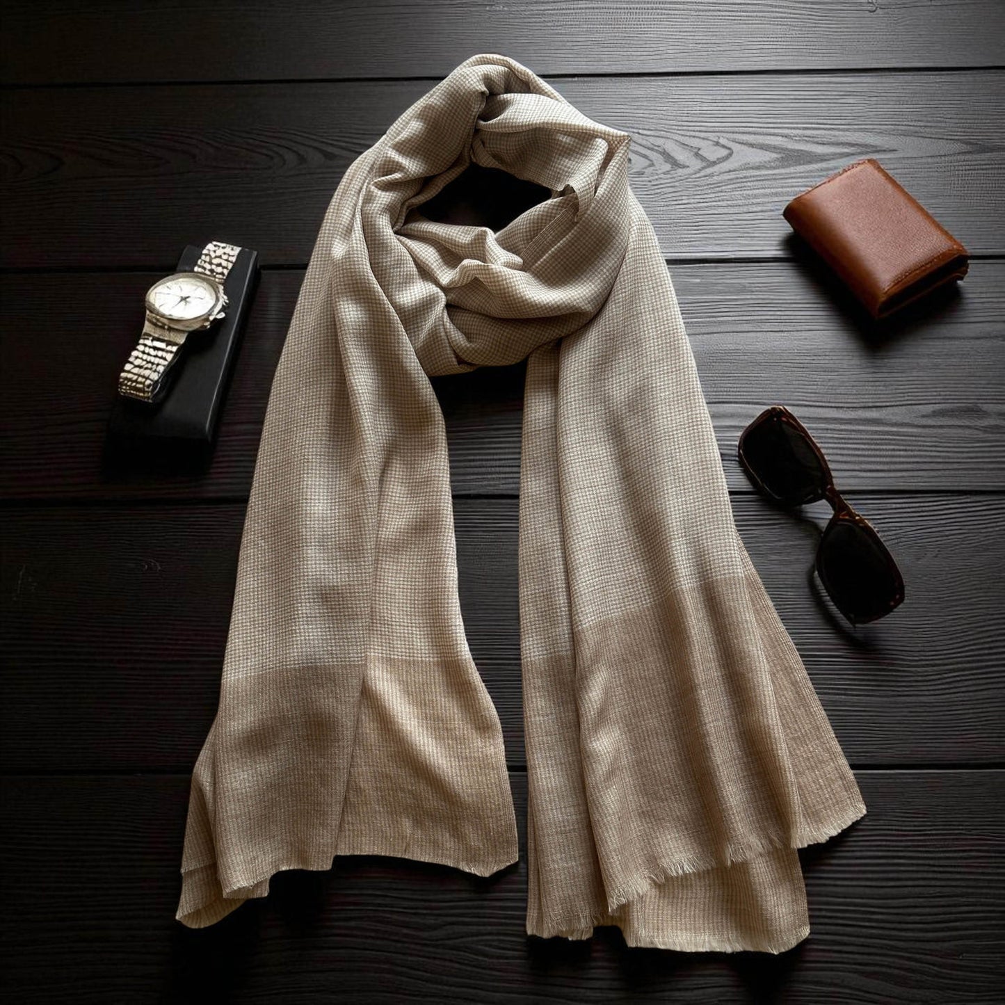 CHECK fine wool blend scarf for men, beige and off white colour, reversible, gift for men