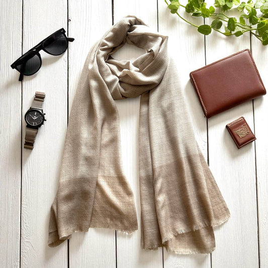 CHECK fine wool blend scarf for men, beige and off white colour, reversible, gift for men