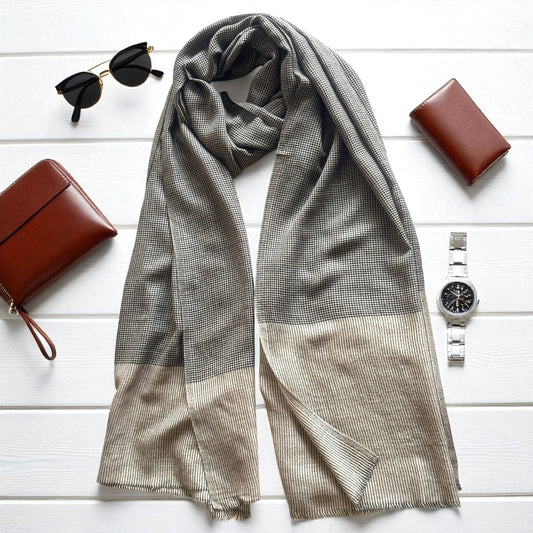 CHECK fine wool blend scarf for men, beige and black colour, reversible, gift for men