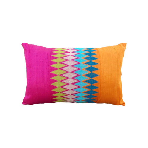 Ikat – Hot pink & orange oblong pillow cover with multicolour embroidery
