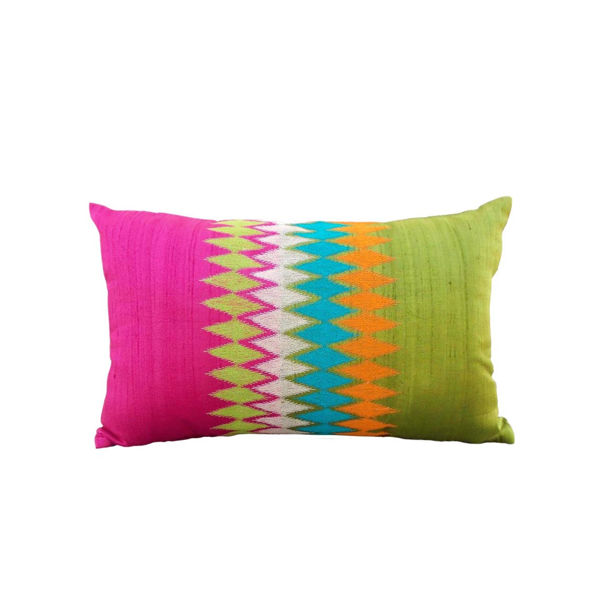 Ikat - hot pink & green pure silk oblong pillow cover with multicolour embroidery