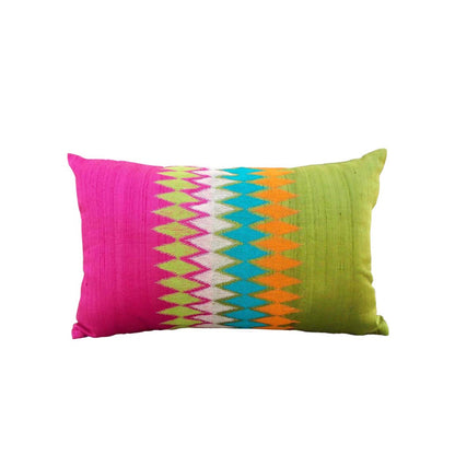 Ikat - hot pink & green pure silk oblong pillow cover with multicolour embroidery