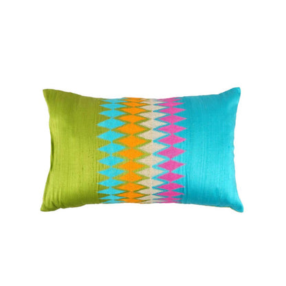 Ikat - Blue &amp; green silk oblong pillow cover with multicolour embroidery