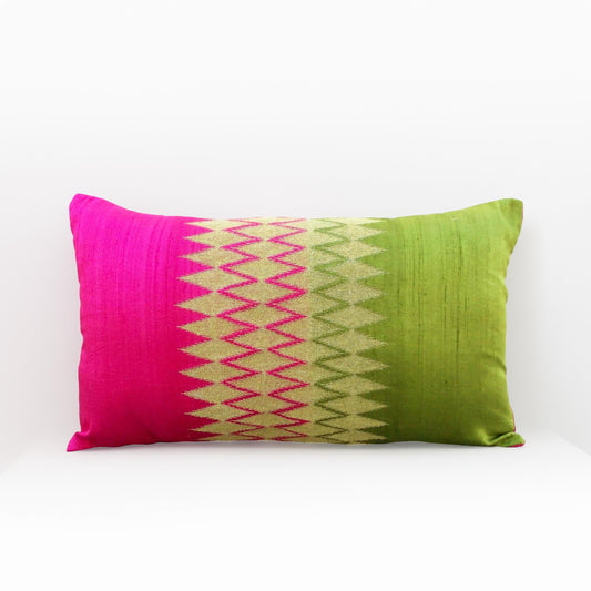 Ikat - Silk lumbar pillow cover, pink/green with gold embroidery
