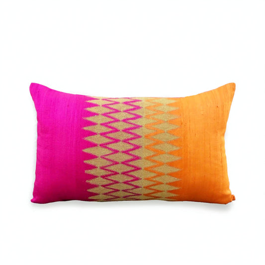 Ikat - Silk lumbar pillow cover, pink/orange with gold embroidery