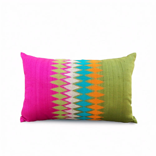 Ikat - hot pink & green pure silk oblong pillow cover with multicolour embroidery