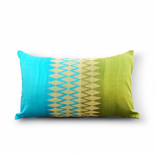 Ikat - Silk lumbar pillow cover, Turquoise/green with gold embroidery