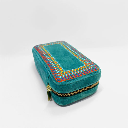 Teal Velvet Rectangular Embroidered Jewellery box