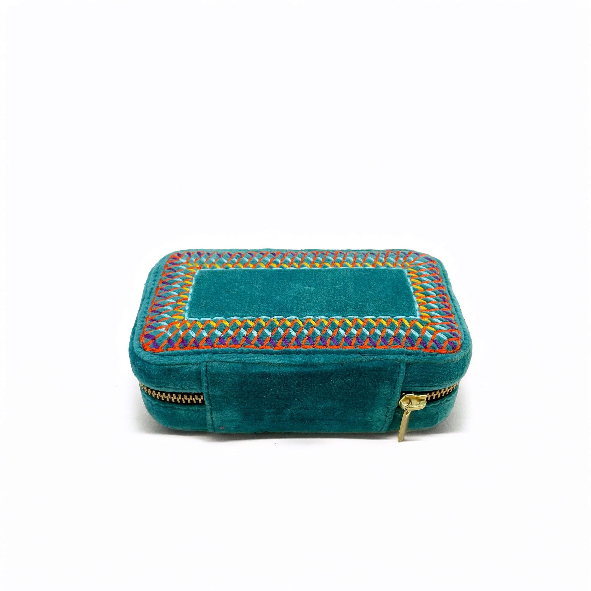 Teal Velvet Rectangular Embroidered Jewellery box