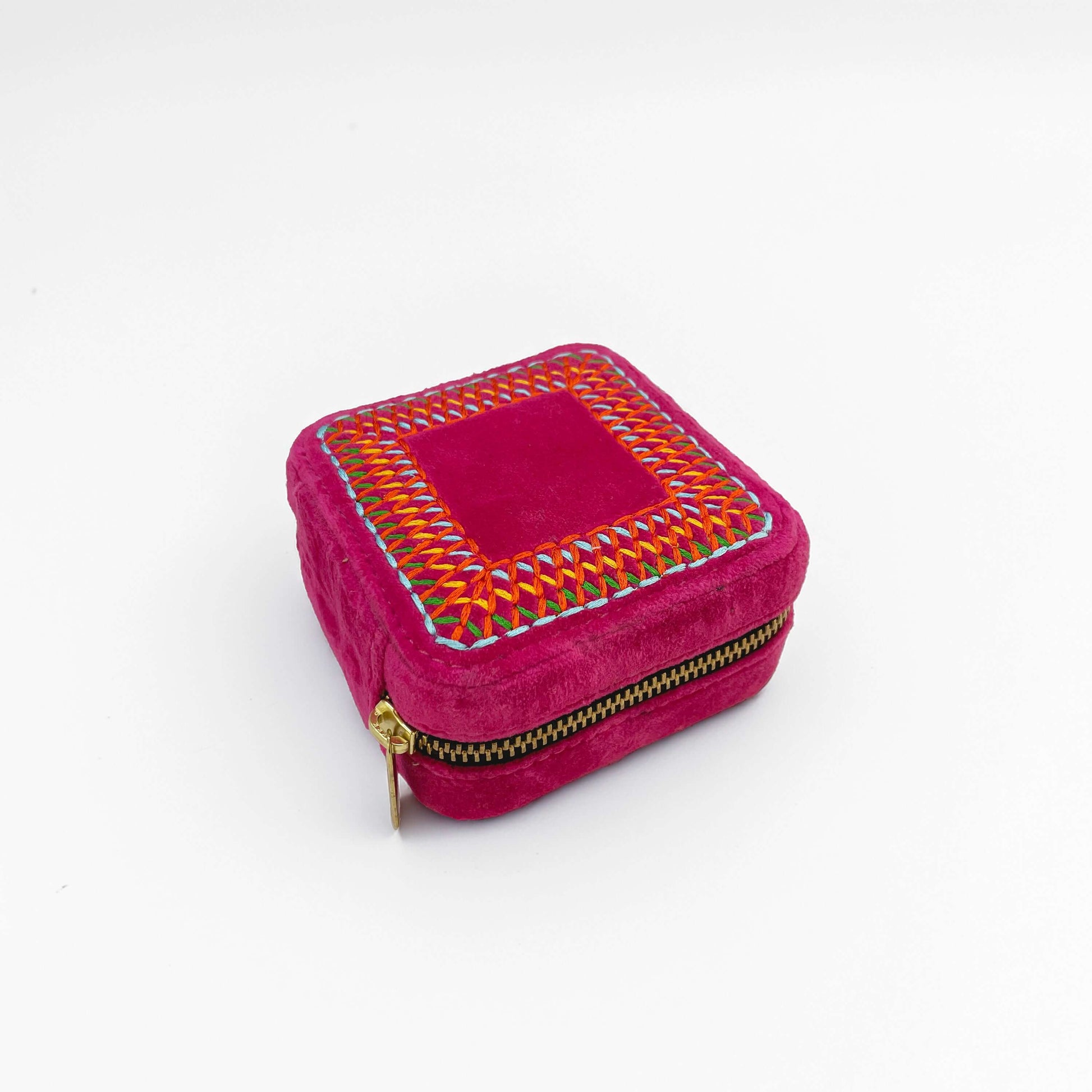 Hot Pink Velvet Square Embroidered Jewellery box