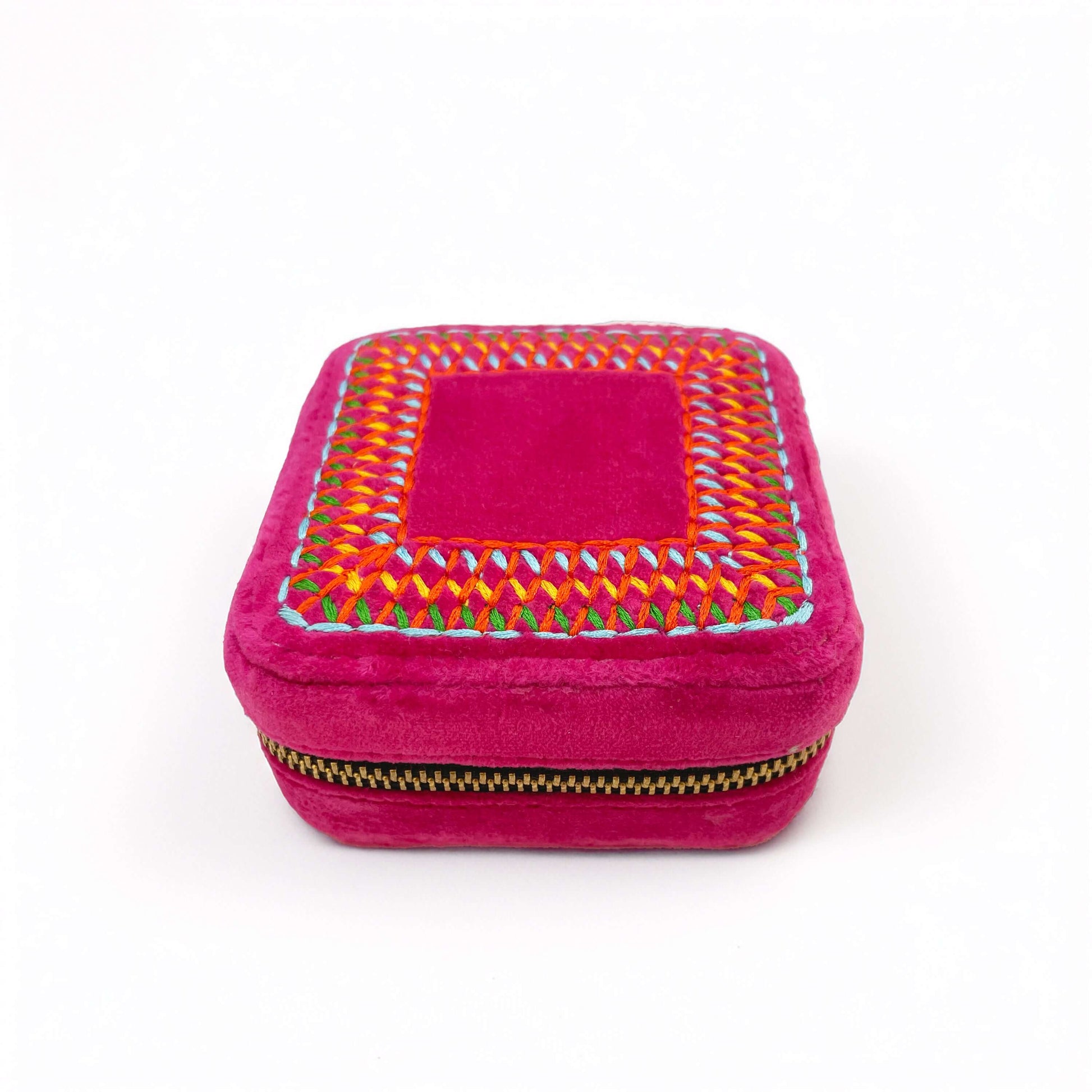 Hot Pink Velvet Square Embroidered Jewellery box