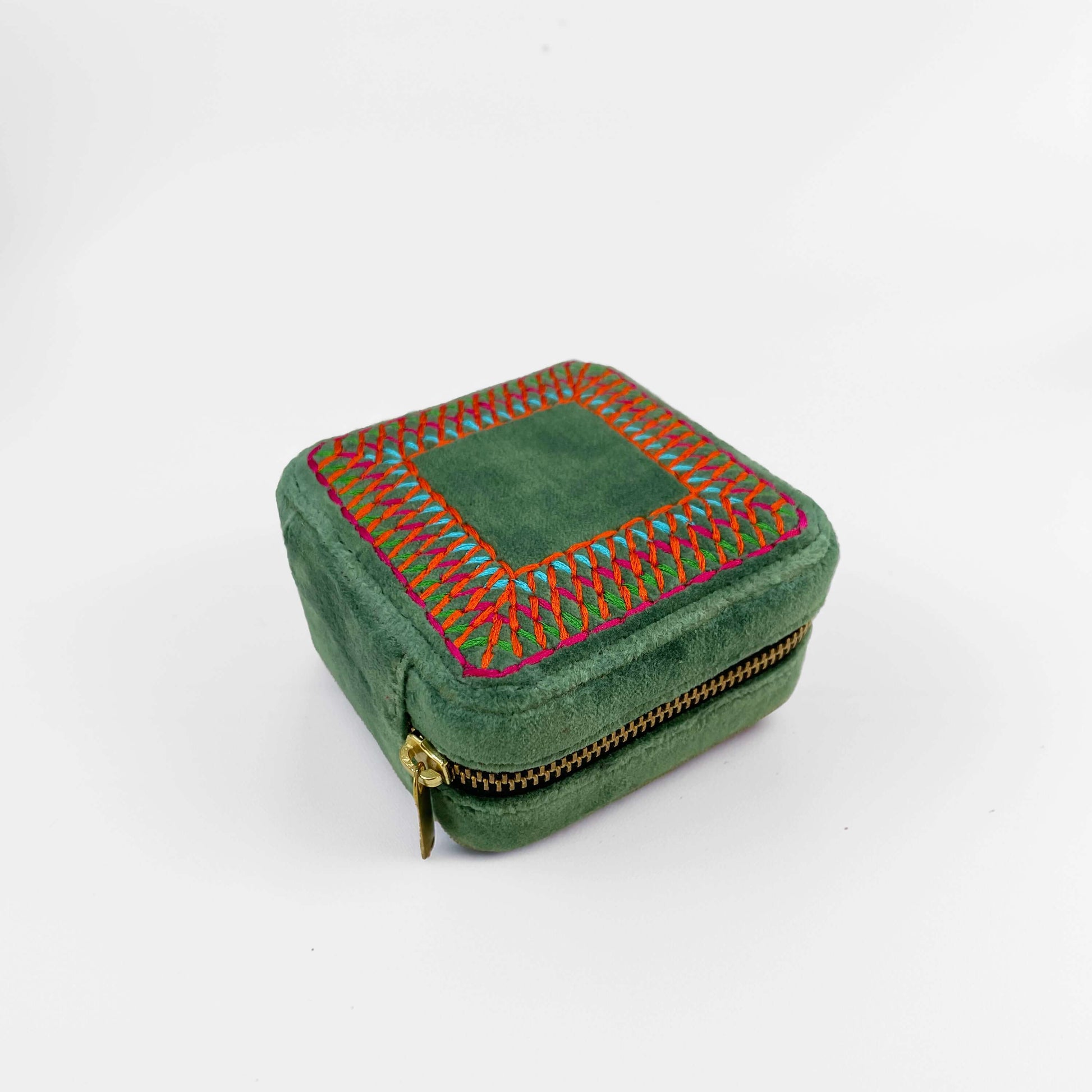 Tropical green Velvet Square Embroidered Jewellery box