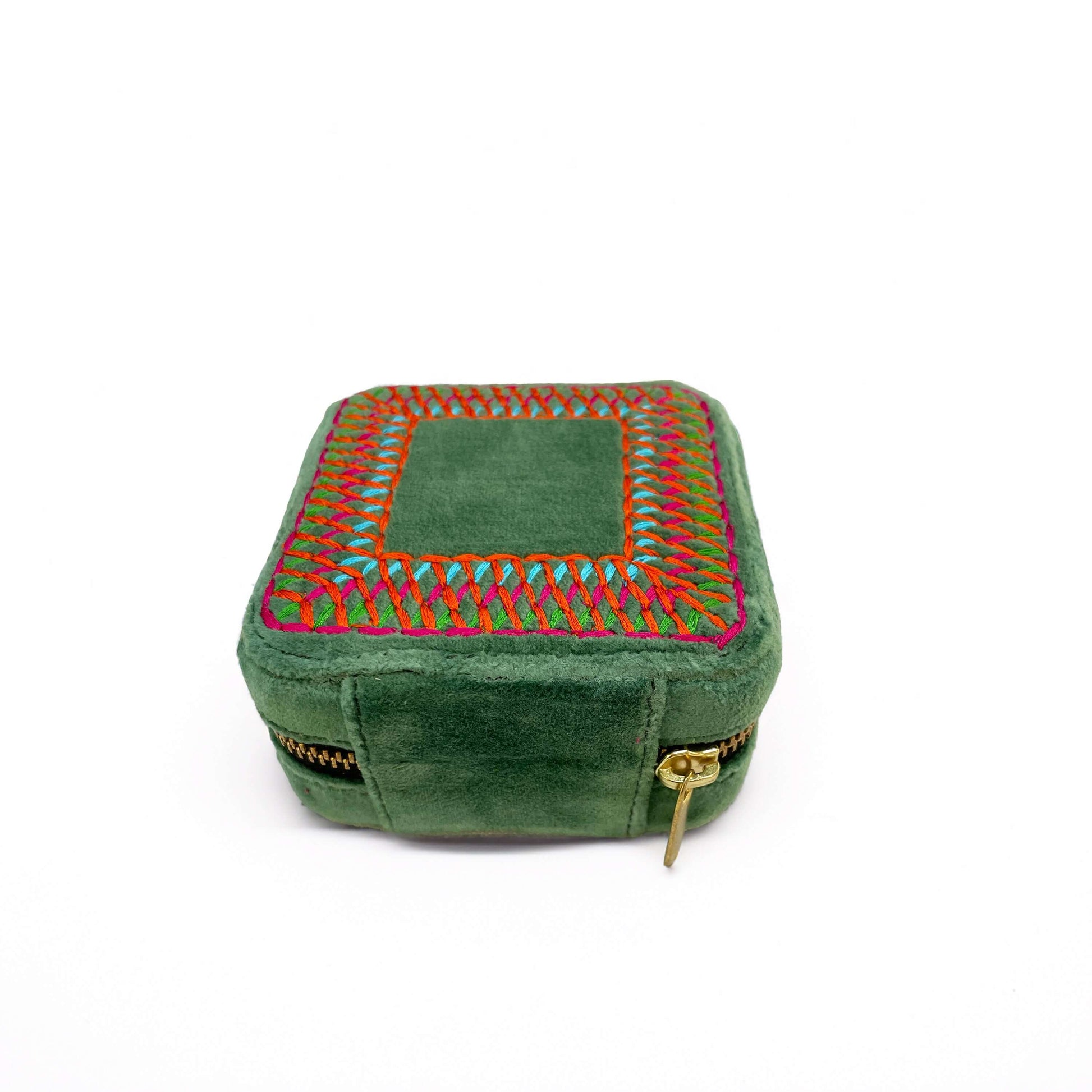 Tropical green Velvet Square Embroidered Jewellery box