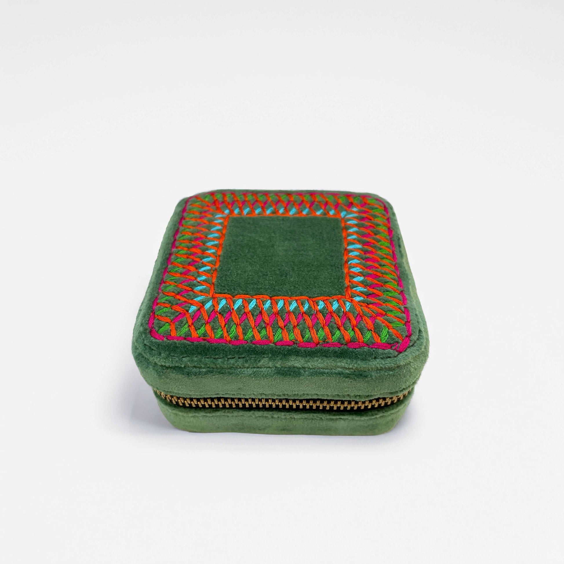 Tropical green Velvet Square Embroidered Jewellery box