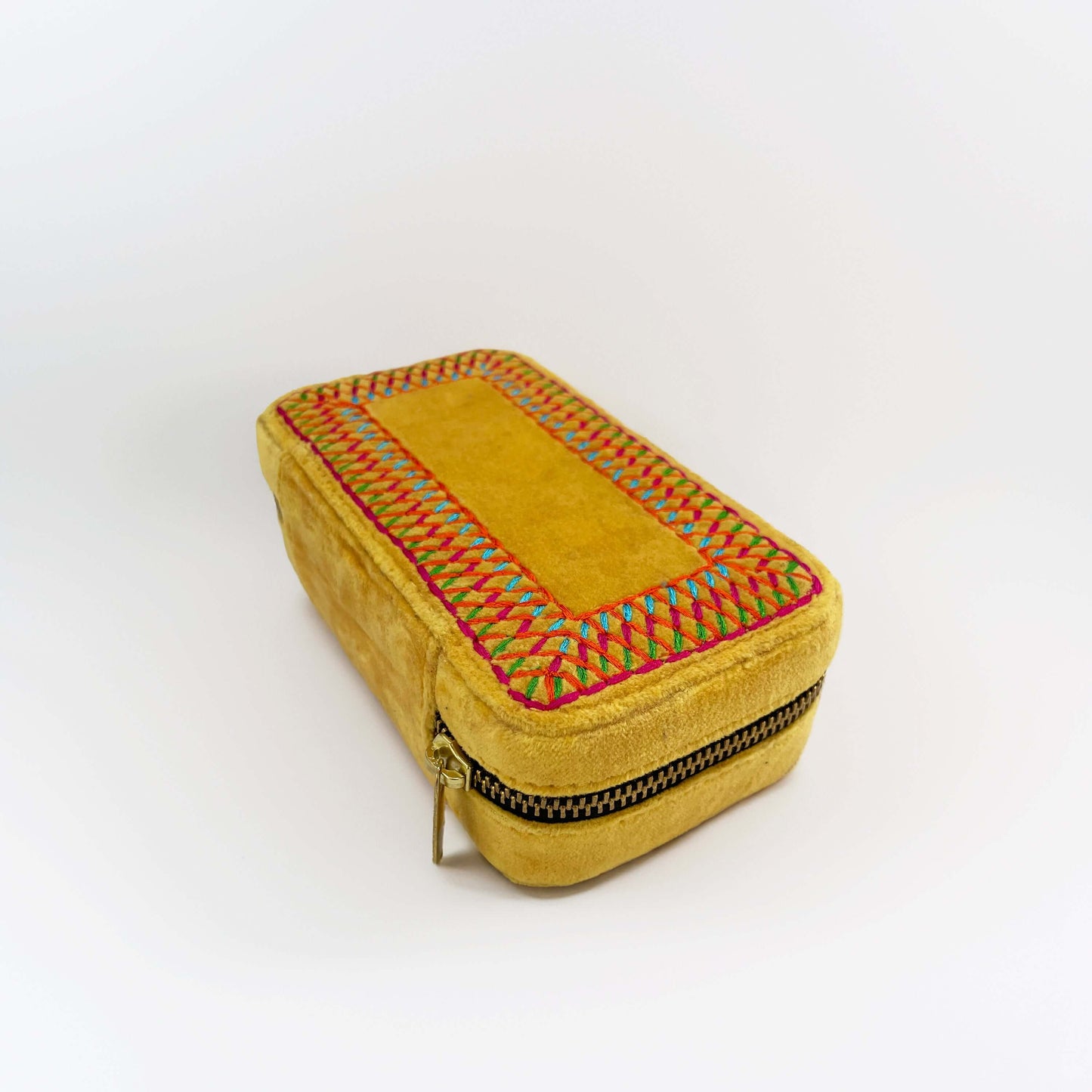 Mustard Velvet Rectangular Embroidered Jewellery box
