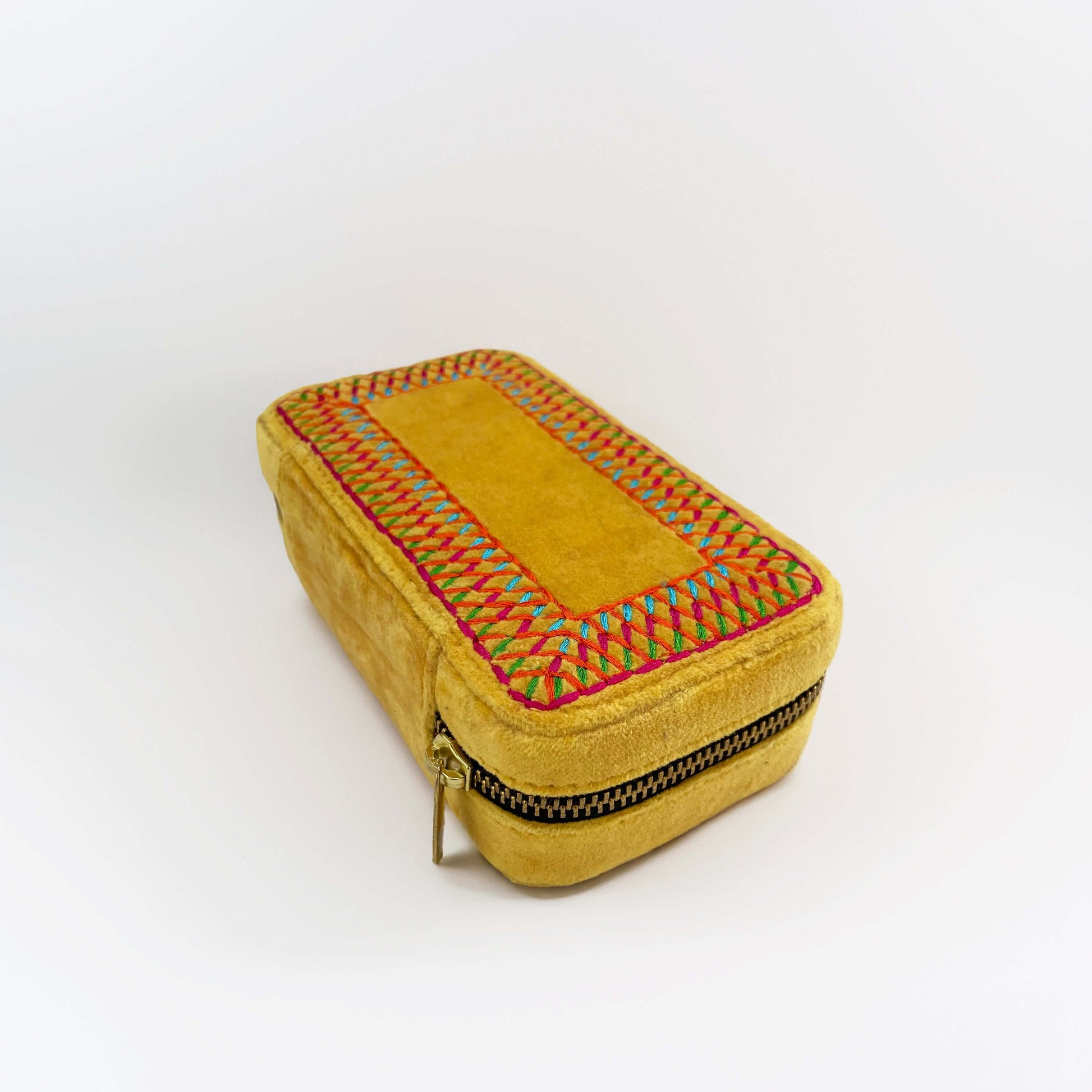 Mustard Velvet Rectangular Embroidered Jewellery box