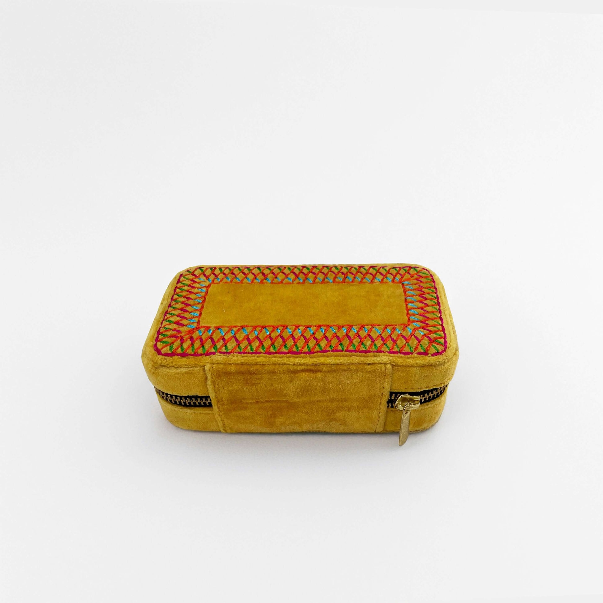 Mustard Velvet Rectangular Embroidered Jewellery box