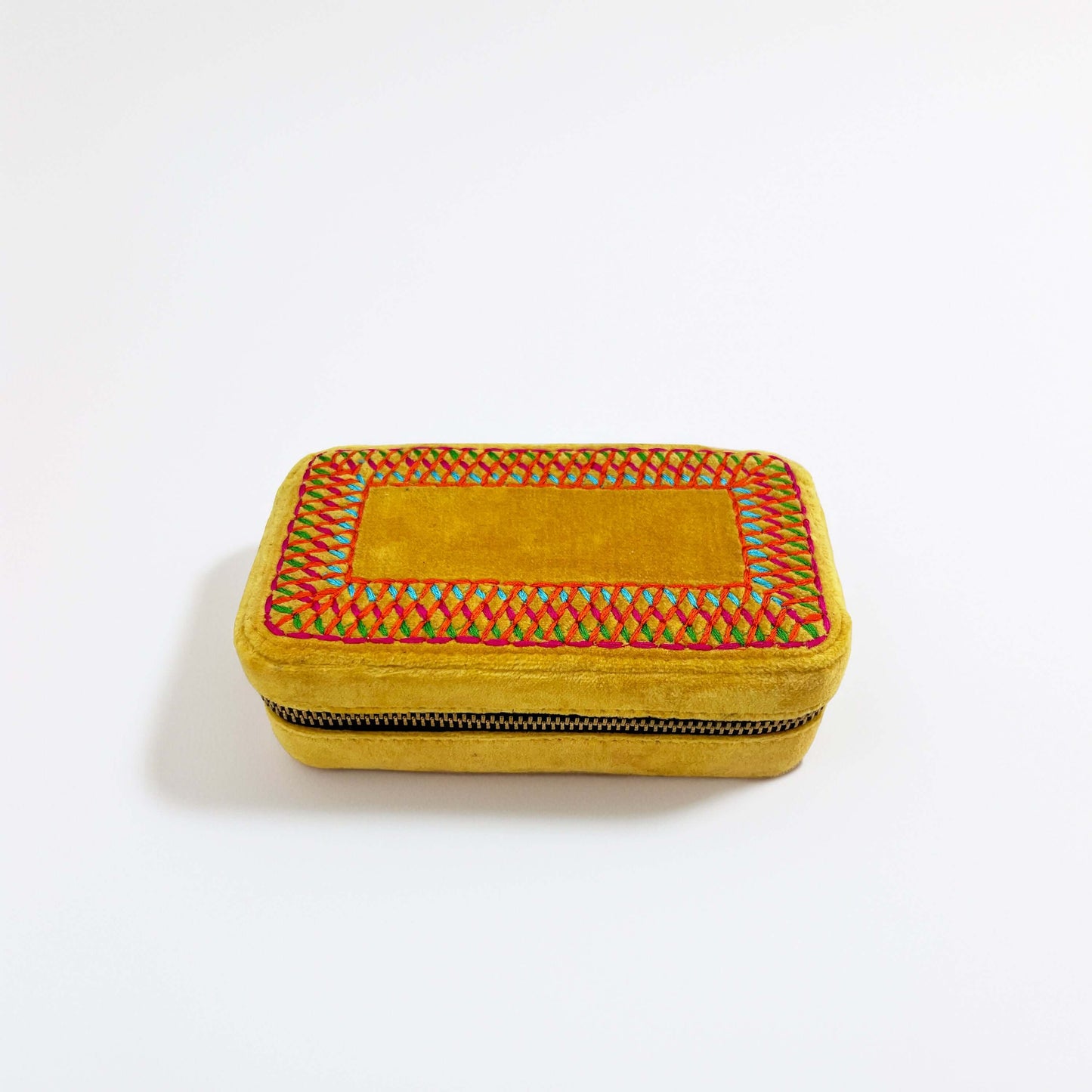 Mustard Velvet Rectangular Embroidered Jewellery box