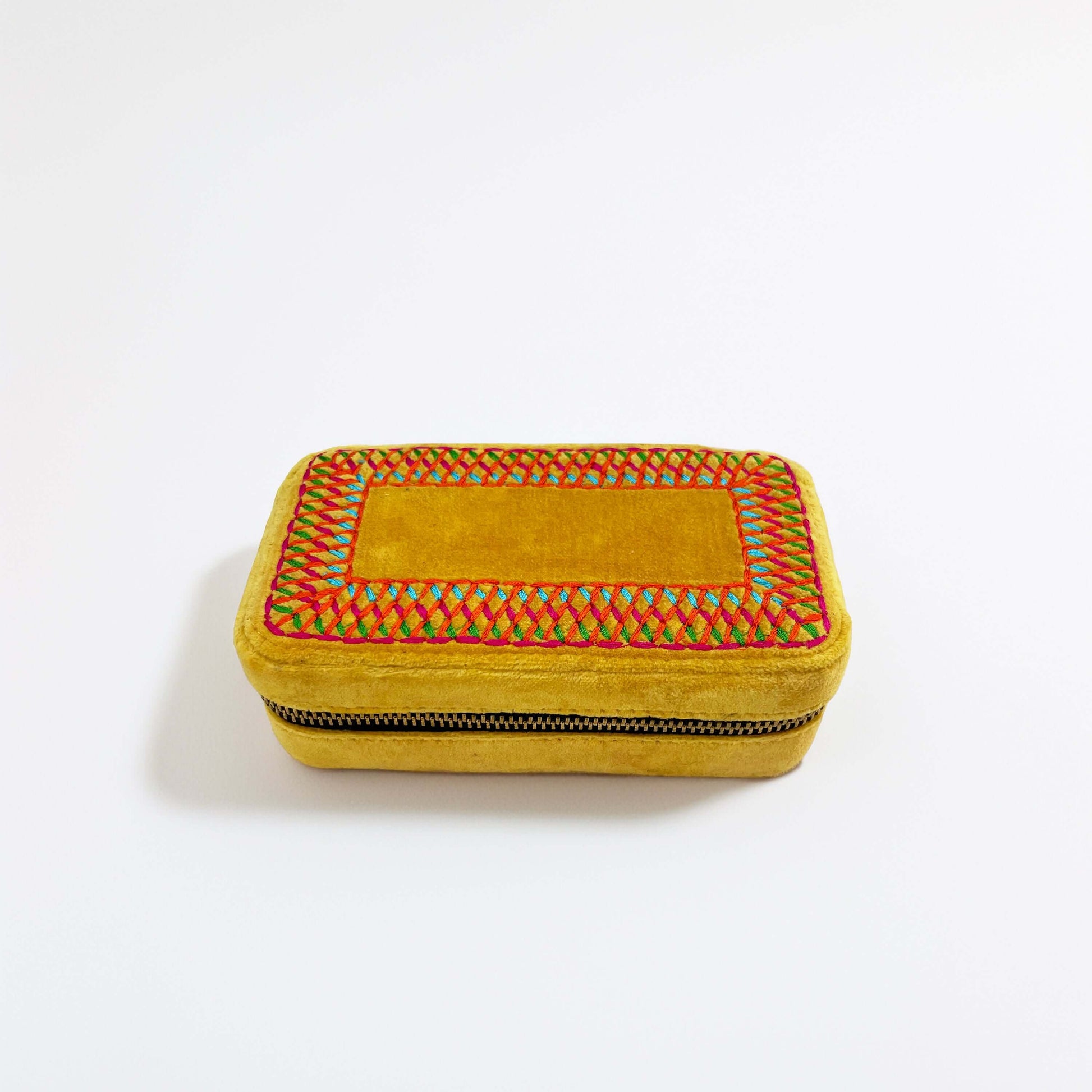 Mustard Velvet Rectangular Embroidered Jewellery box