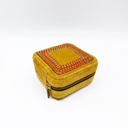 Mustard Velvet Square Embroidered Jewellery box