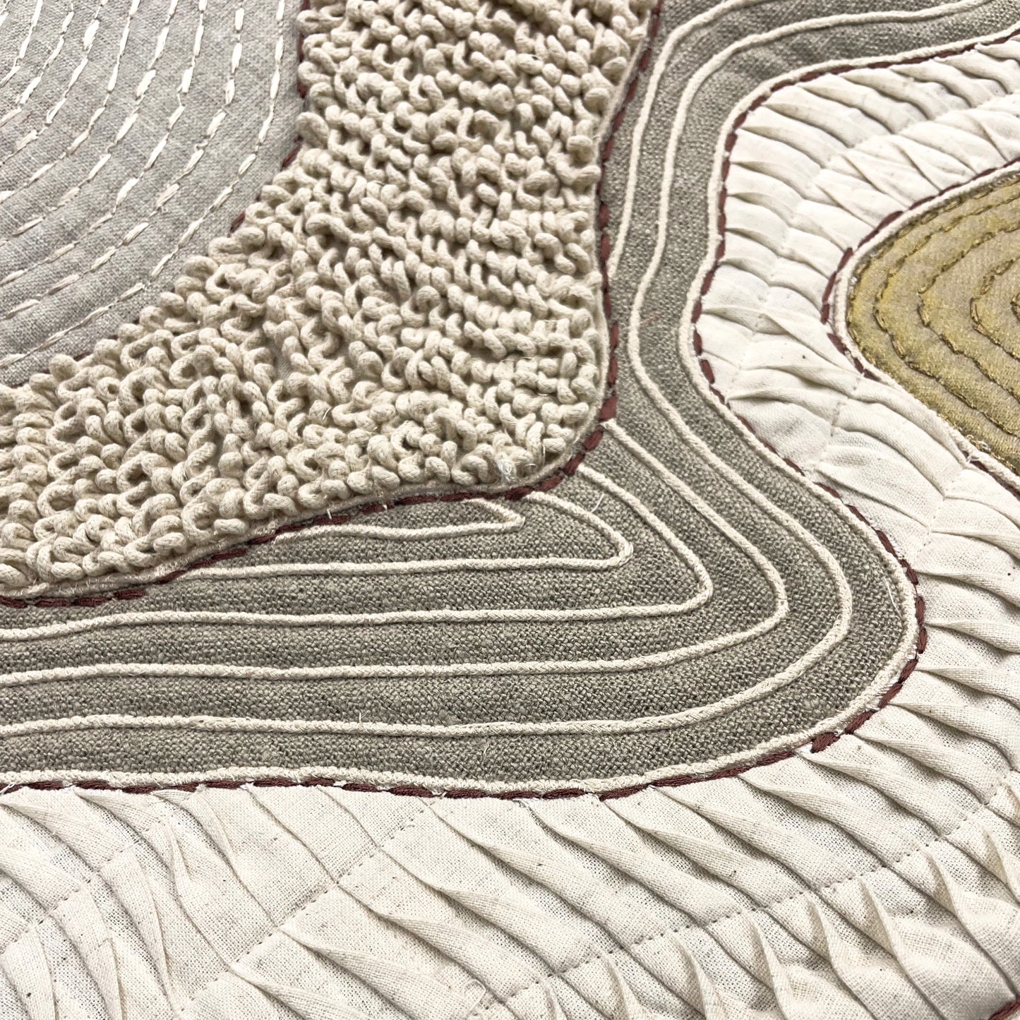 Quilted Textile WALL ART, Natural textures & Gold zari, unframed
