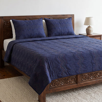 Indigo Kantha Quilted Bed Set | Chevron Pattern | Handmade | Twin, Queen & King