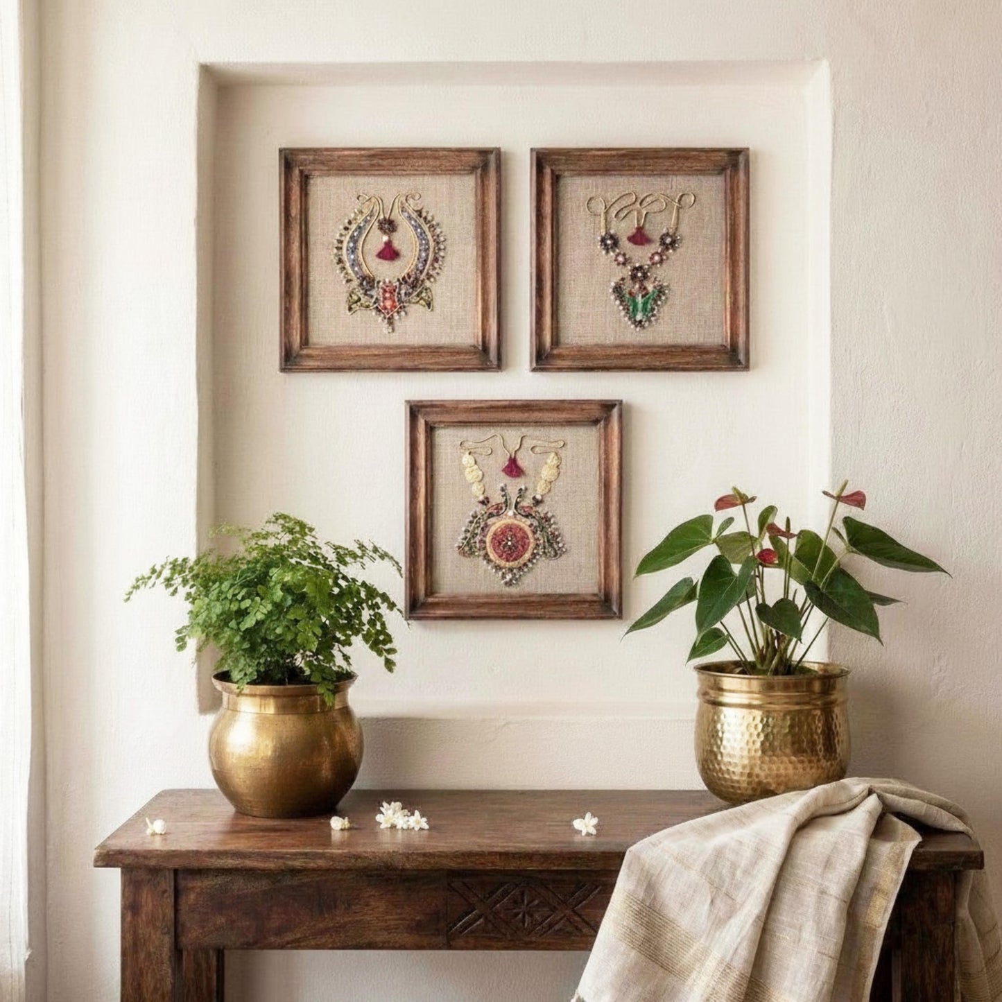 Royal Indian Necklace Embroidery Wall Art | Linen with Applique & Beading | Hoop, Frame or Unframed