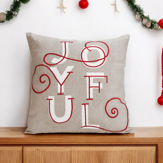 JOYFUL Christmas pillow cover, embroidered in modern retro style in red and white colour