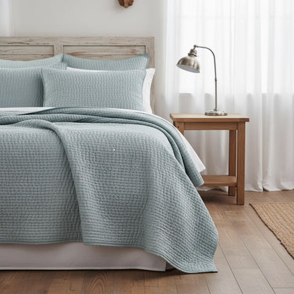 Duck Egg Kantha Cotton Quilt | Stripe Pattern | Handmade | Single, Queen & King