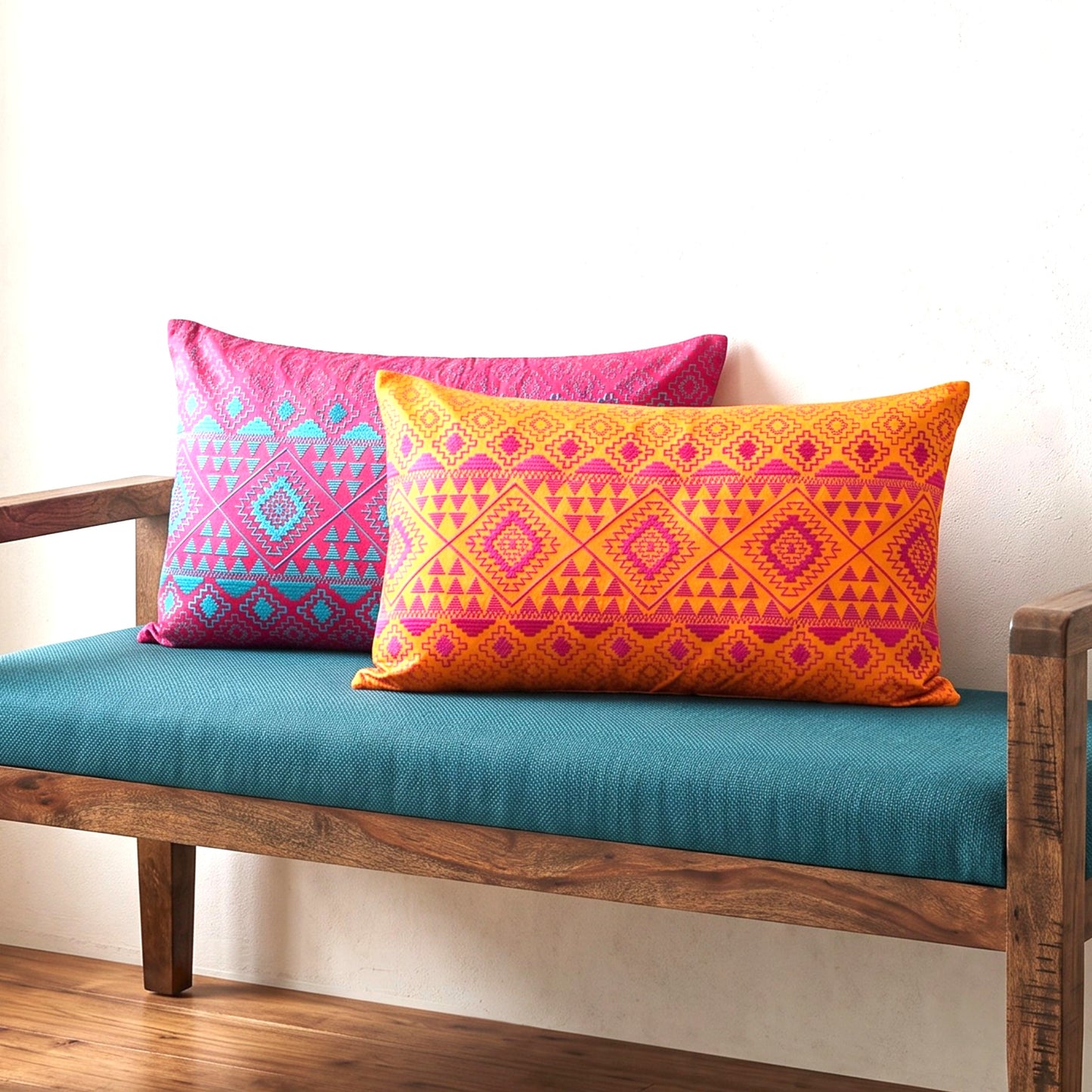 Kilim Pattern Embroidered Cushion Cover – Orange & Pink