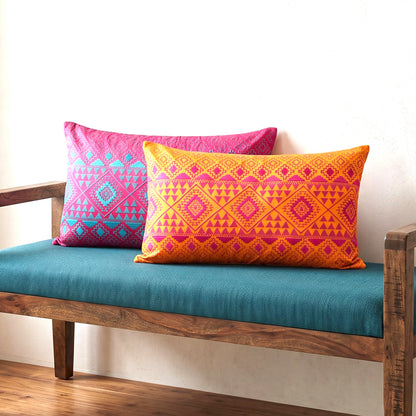 Kilim Pattern Embroidered Cushion Cover – Orange & Pink