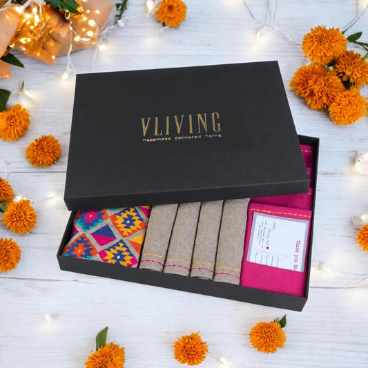 TABLE LINEN GIFT PACK - FOLK Kilim collection in pure Linen fabric - 3 colour option available - Vliving