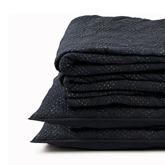 Black Kantha Quilt Bed Set – Multicolour Running Stitch | 100% Cotton | Twin, Queen & King