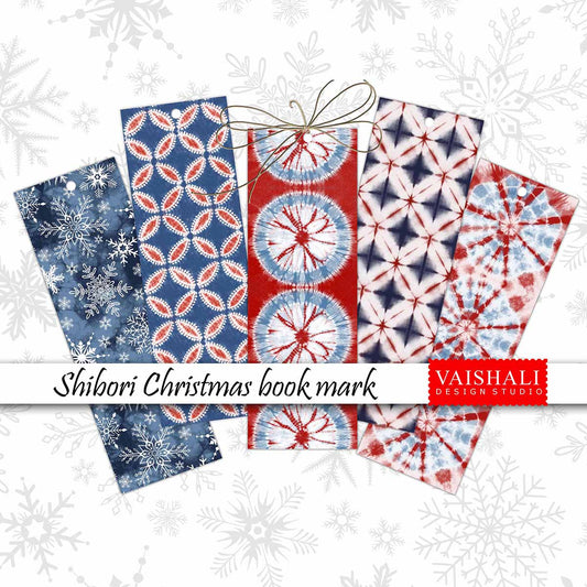 Shibori pattern bookmark template for Christmas, Red and blue colour, printable 1.6"x 6.3",digital collage sheet