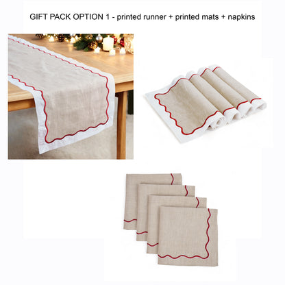 Christmas Table Linen GIFT PACK - in linen and cotton with wave scallop embroidery